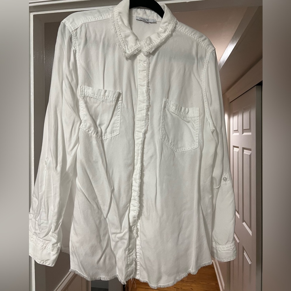 Chicos white long sleeve button down shirt with fringe